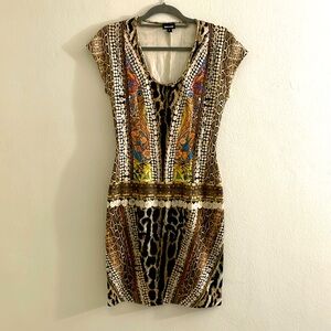 Just Cavalli Multi Color Deep V-Neck Mixed Print Sheath Dress Size M